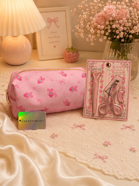 Handbags - Pink Strawberry Cosmetic Pouch with Pink Eyelash Curler Set